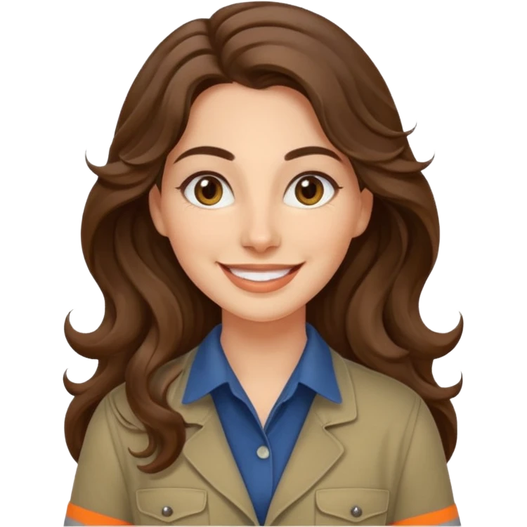 30 yr old italian woman, long brown wavy hair, big brown eyes, huge smile, work clothes, no bangs,  emoji