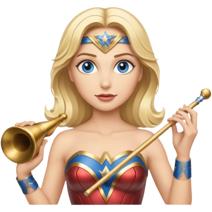 Blonde blue eyed Wonder Woman holding white orchestra conductor’s baton and bell emoji