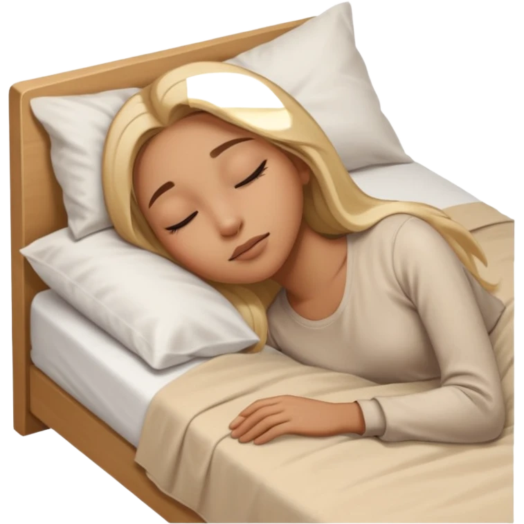Mujer color de piel moreno claro, con cabello rubio largo, lacio y suelto, ojos negros, durmiendo con sábanas blancas, edredones beige, tomado desde un lado de la cama emoji