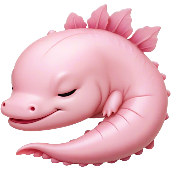 Meme-Worthy Cute Sleeping Axolotl Portrait Emoji, Head resting peacefully with a contented smile, showcasing a slender, graceful body with smooth, pale pink skin and gently drooping feathery gills, eyes shut in a serene nap, Simplified yet hilariously adorable features, highly detailed, glowing with a soft, drowsy light, high shine, relaxed and utterly lovable, stylized with an air of playful laziness, bright and heartwarming, soft glowing outline, capturing the essence of a comically sleepy aquatic friend, so meme-worthy it feels like it could instantly become the next viral sensation of adorable slumber! emoji