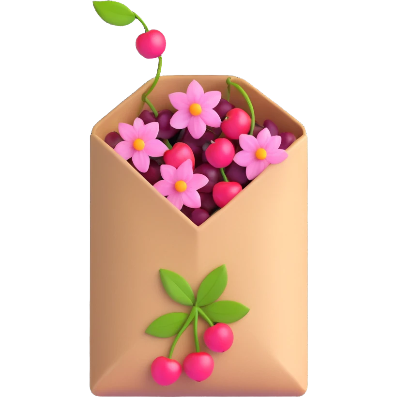 A tea bag with pink flowers and cherries emoji