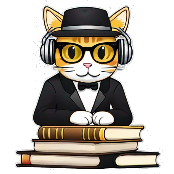 dj cat with many books and text emoji
