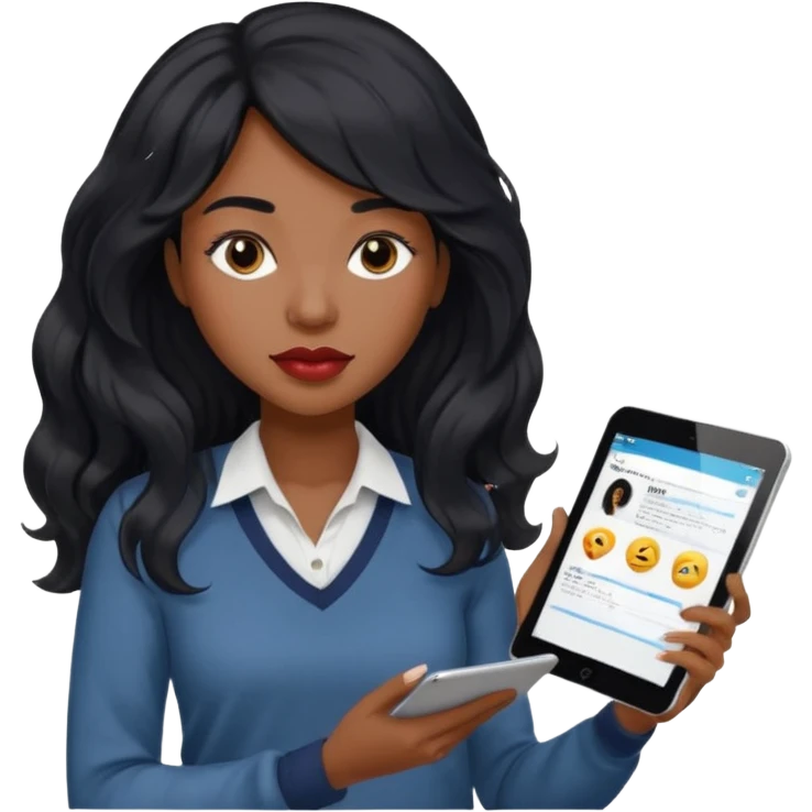 A young woman with long black hair, a wavy frange falling on half of her head.  She's black, medium to dark skinned with thick lips. She's holding something that let's us know she's the CEO of a creative agency, but she's wearing casual clothes. she has long eyelashes. emoji