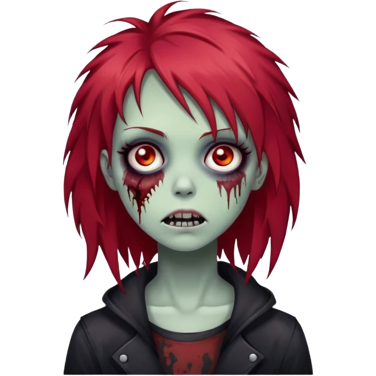 zombie girl with red shaggy hair, medium length, emo look, dark and creepy emoji