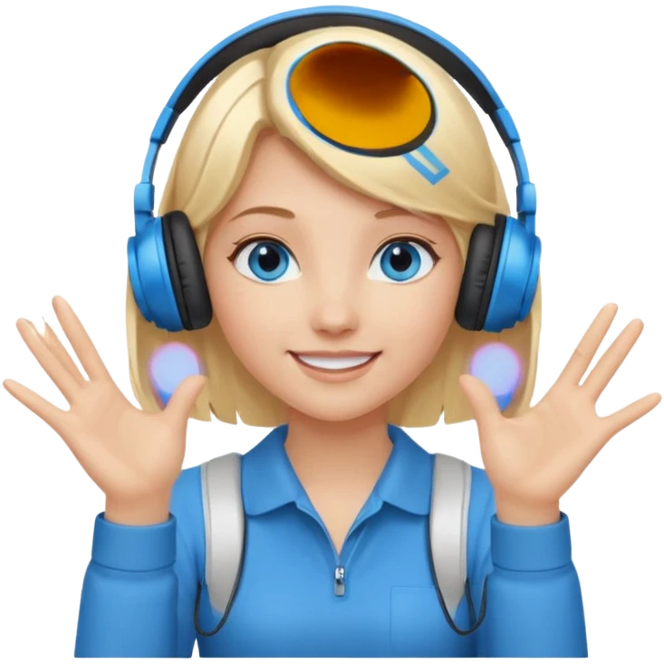girl with blonde hair and blue eys, having on ears heaphones, with heands telling what  emoji