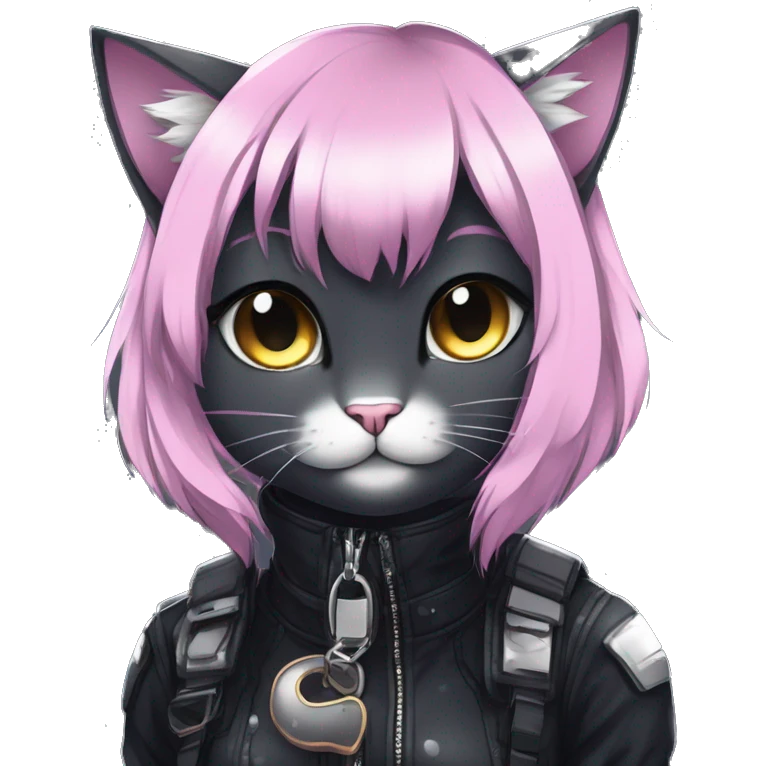 Gorgeous sparkly dark techwear anime style anthro cat with blushing face aesthetic and pretty edgy black with collar and harness trending style emoji