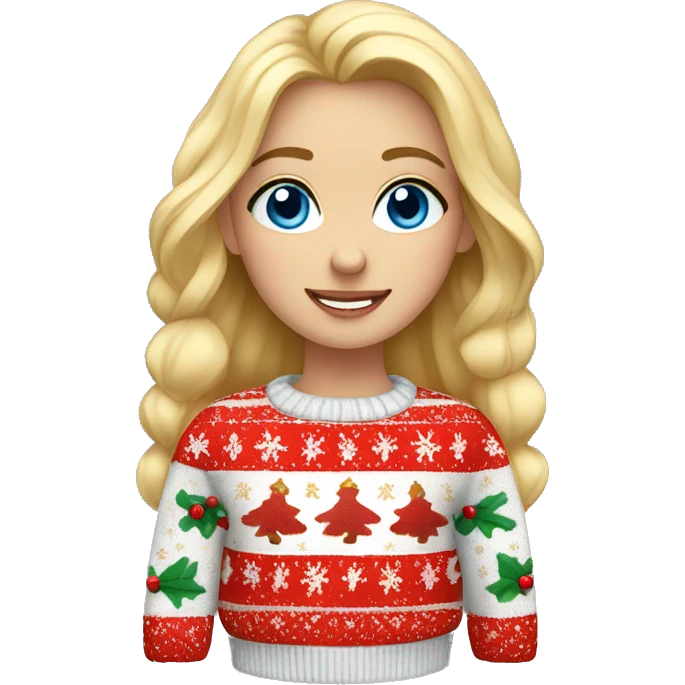 Blonde girl with blue eyes dressed in a cozy Christmas sweater emoji
