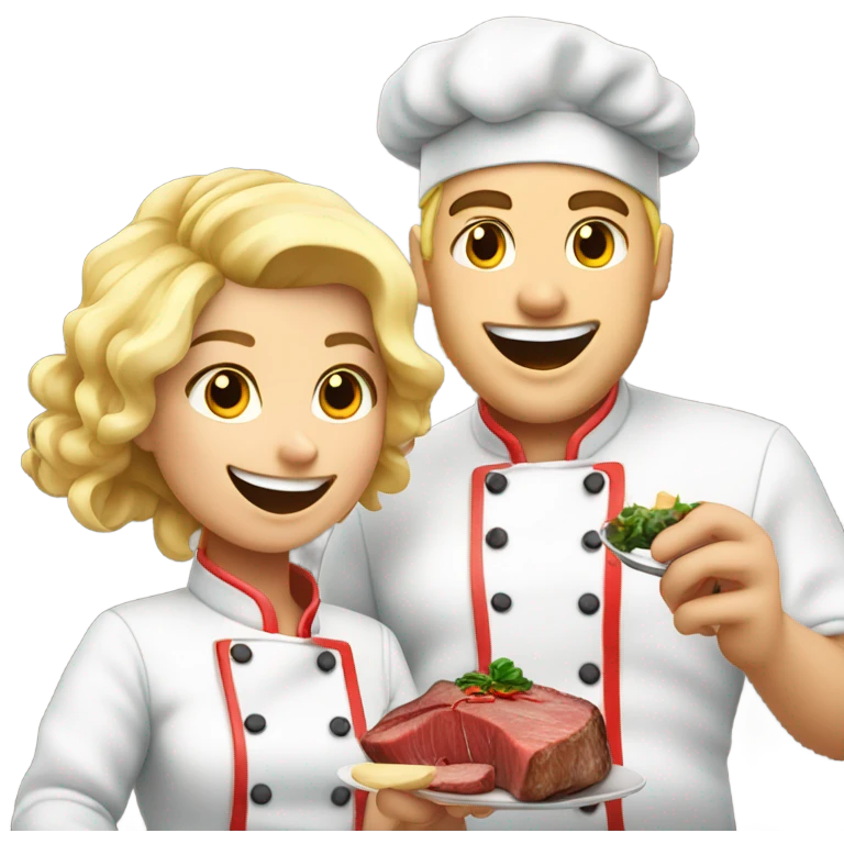 20 year old Blonde couple eating steak in chef outfit  emoji