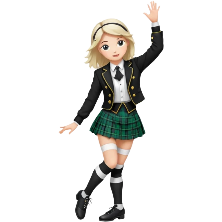 Highland dancing argyle over the knee socks, blouse, highland dancing jacket, tartan miniskirt and highland dancing shoes emoji