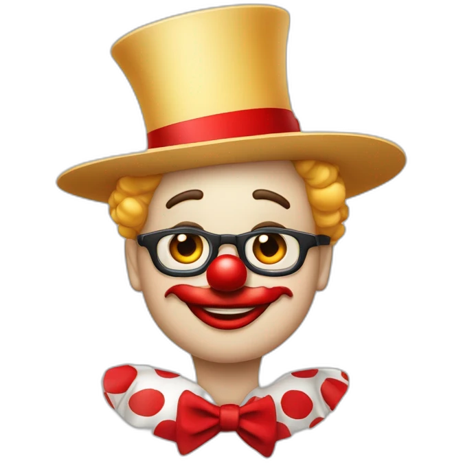 un clown avec nez rouge, sourcil arqués juste qu’en bas de ces yeux ovales des boucles blondes et un haut chapeau  emoji