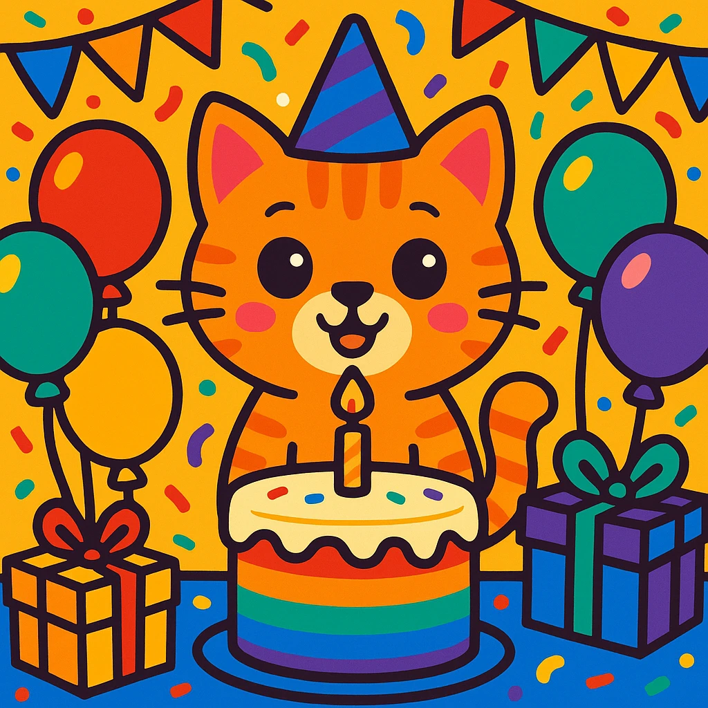 birthday party scene with rainbow balloons, multicolored decorations, confetti, large rainbow birthday cake, gifts, festive atmosphere, featuring a ginger tabby kitten wearing a birthday hat as the main character emoji