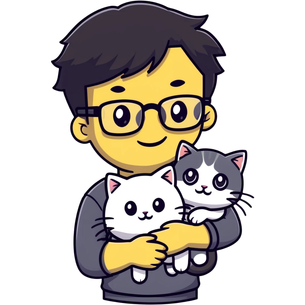 Young man with warm yellow-toned skin, long face, black back-length hair, large eyes, thin-rimmed square glasses, smiling gently while holding a grayish-white Munchkin cat with short legs and a gray patch under its mouth emoji