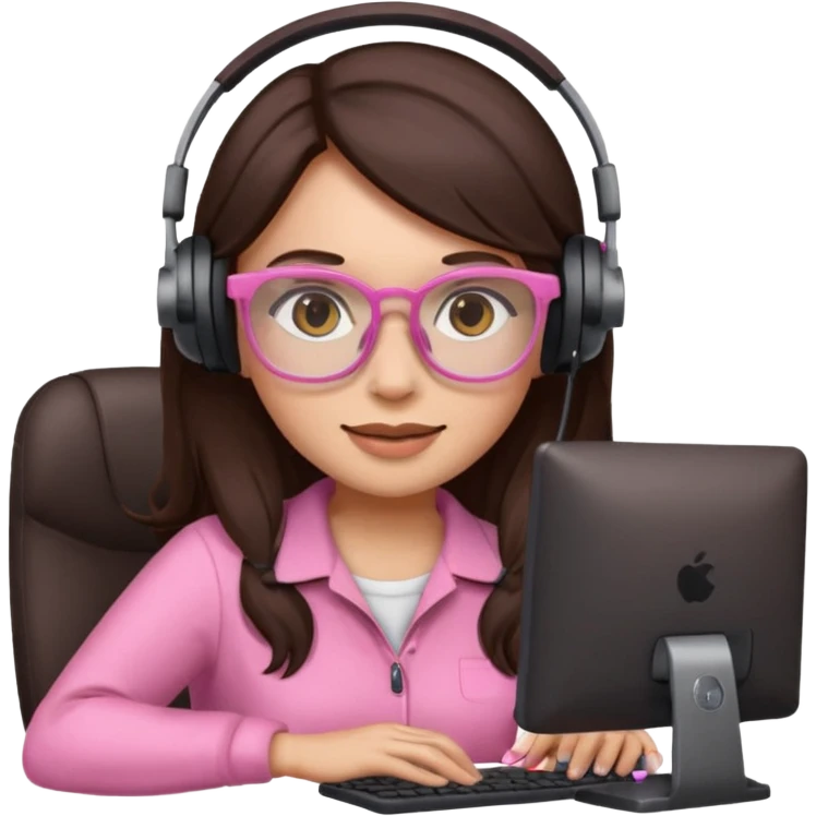 woman emoji with light pink glasses working on computer, light skin, long dark brown hair emoji