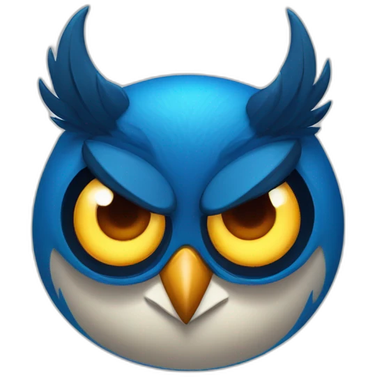 blue owl with with devil horns, a wide grin, and eyes and eyebrows scrunched downward, looks angry emoji
