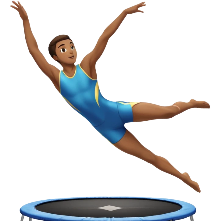 An athletic person soaring high above a trampoline, executing an acrobatic flip with perfect form. The scene captures motion and energy, with a dynamic pose, stretched limbs, and a focused expression. The background suggests a professional trampoline arena with safety padding. emoji