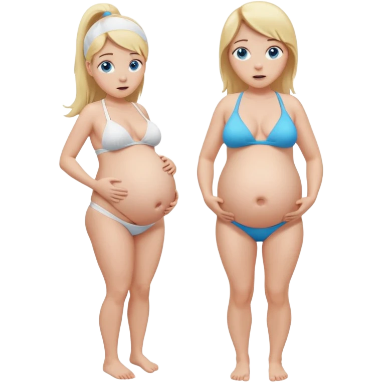 White girl, long blonde ponytail, blue eyes, huge pregnant belly, full body, white bikini, scared expression, looking at belly, front view. emoji