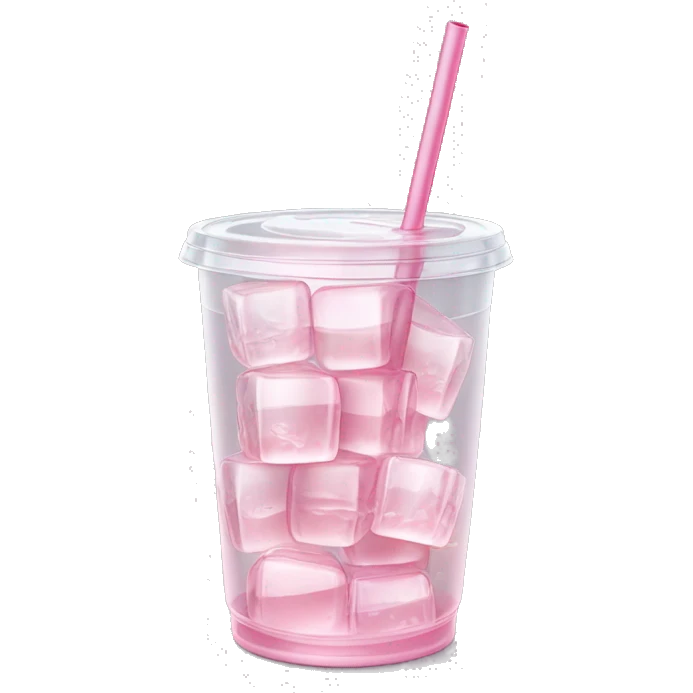 Realistic see through plastic cup and lid with half full Transluscent light pink soda,straw and large ice cubes inside. emoji