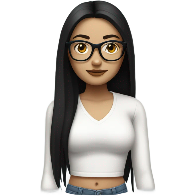 White girl with long straight black hair wearing a white crop top and glasses full body emoji