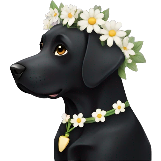 Black lab dog with white chest with flower crown emoji