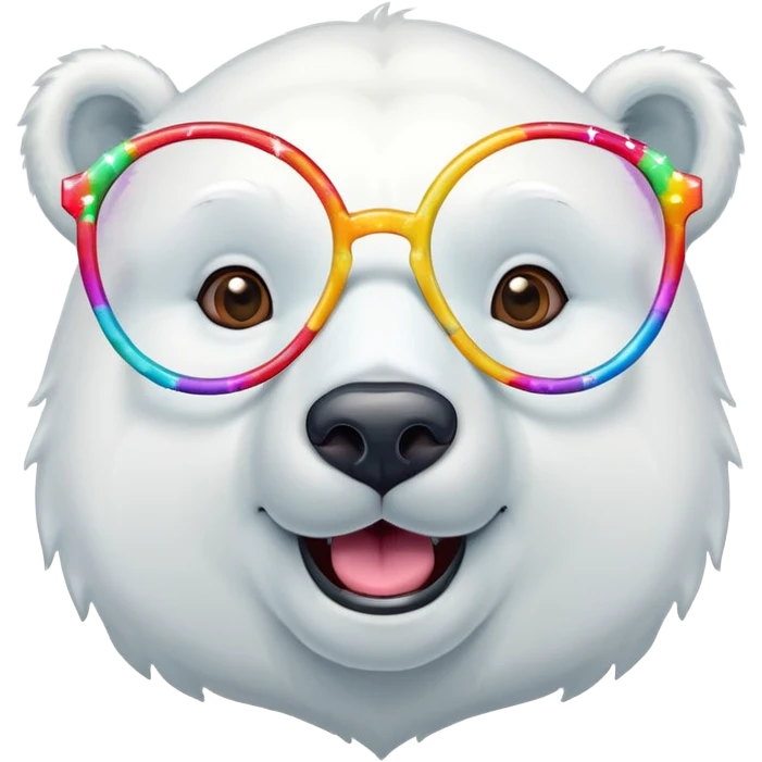 head and shoulders of a friendly anthropomorphised polar bear smiling, wearing large multicolored star-shaped glasses emoji