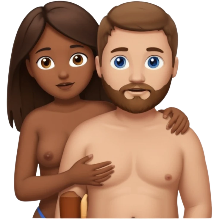 chubby white guy with brown hair and beard and blue eyes, holding a brown girl with long dark hair and dark brown eyes in arms, naked, showing tits emoji