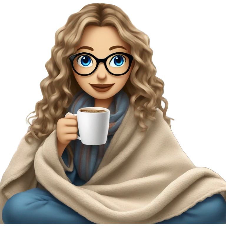 Balayage hair Girl drinking coffee, with a cozy blanket wearing glasses with blue eyes beautiful  emoji