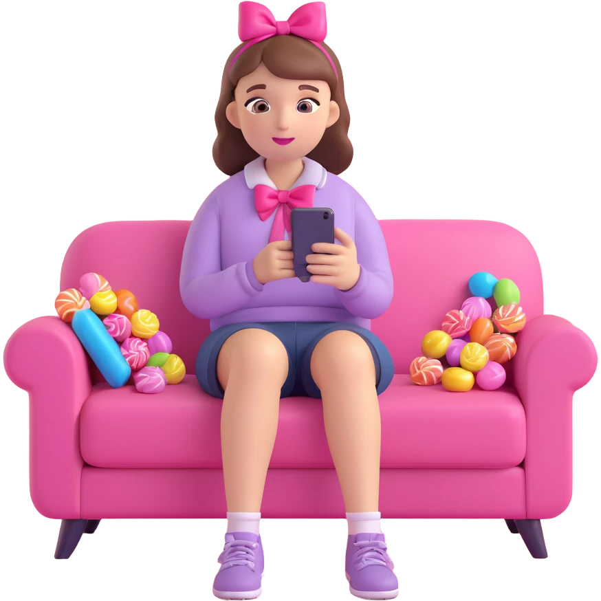 A girl sitting on a couch with a cat, holding a smartphone, with a pink bow on her head, surrounded by candy, in a warm, cozy setting. emoji
