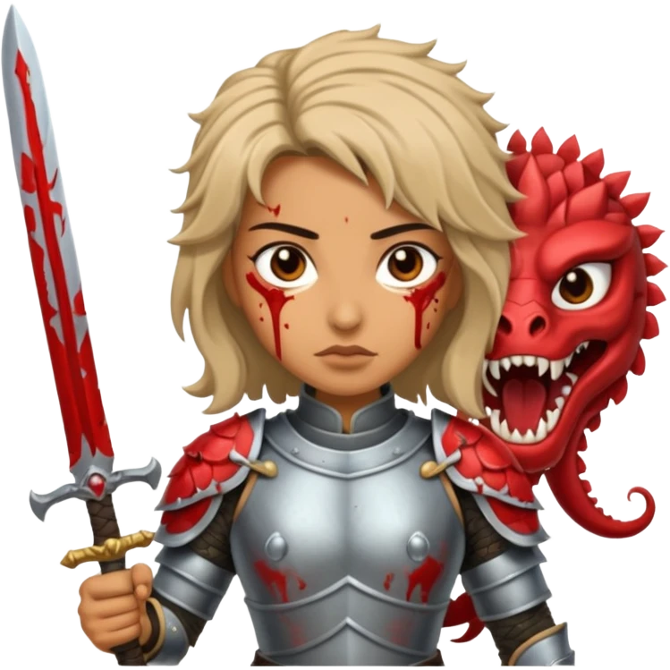 Fierce Latina in armor with a sword after a battle cutting off the head of a hydra emoji