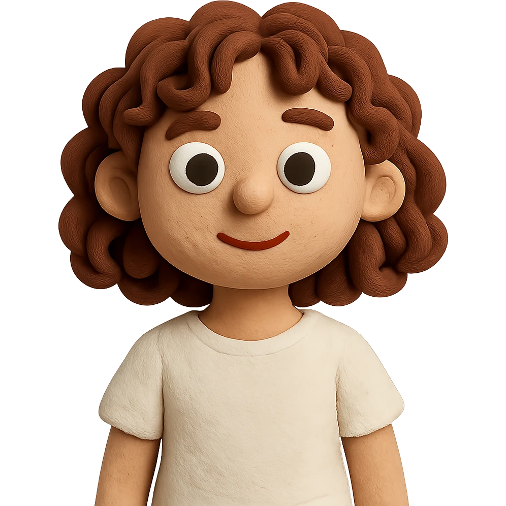 claymation style girl with curly chestnut hair wearing a white t-shirt, no background emoji