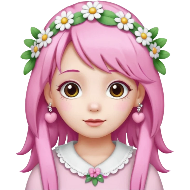A girl with pink and white hair, adorned with flowers as hair accessories, wearing My Melody clothing.Let the girl be older  emoji