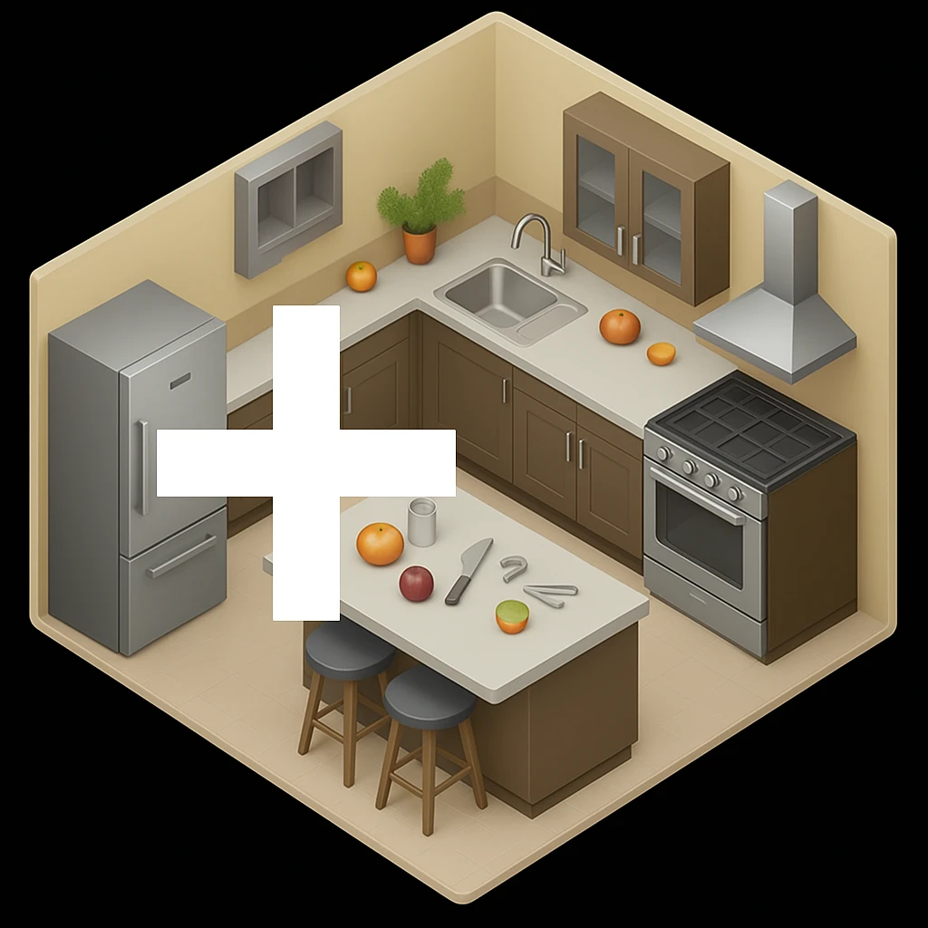 Move the plus symbol to the left side of the kitchen emoji, keeping it clearly visible and in the same style as the original image. emoji