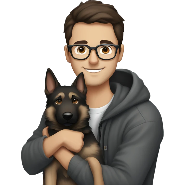a handsome guy (dark brown hair, with light  blue colour eyes, thin stylish black glasses with hoodie) hugging a grey colour german shepherd with brown eyes) emoji