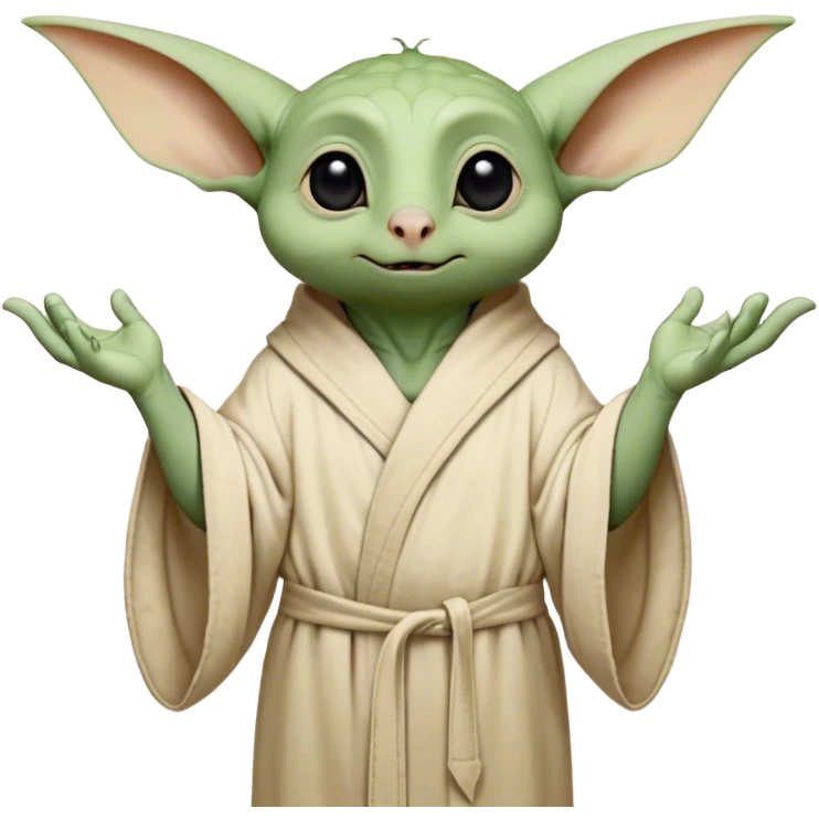 A small, green creature with large, pointy ears that extend outward. He has big, round, black eyes and a tiny nose. His skin is slightly wrinkled, especially on his forehead. He wears a loose, beige, high-collared robe with wide sleeves that cover most of his small body. His hands have three fingers, often shown reaching out. emoji