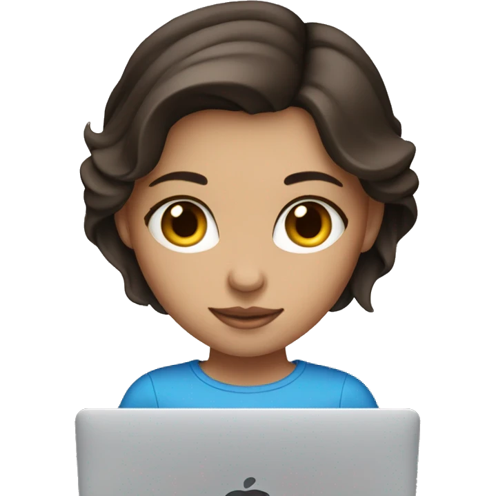 A brunette girl, blue eyes, works on a MacBook emoji