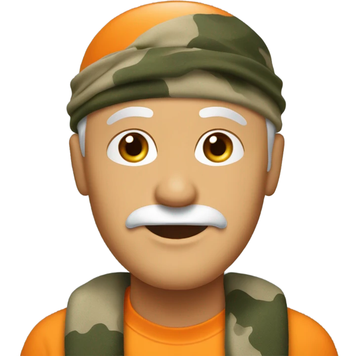 Old white man with stubble facial hair. Wearing a orange shirt and camouflage doorag emoji