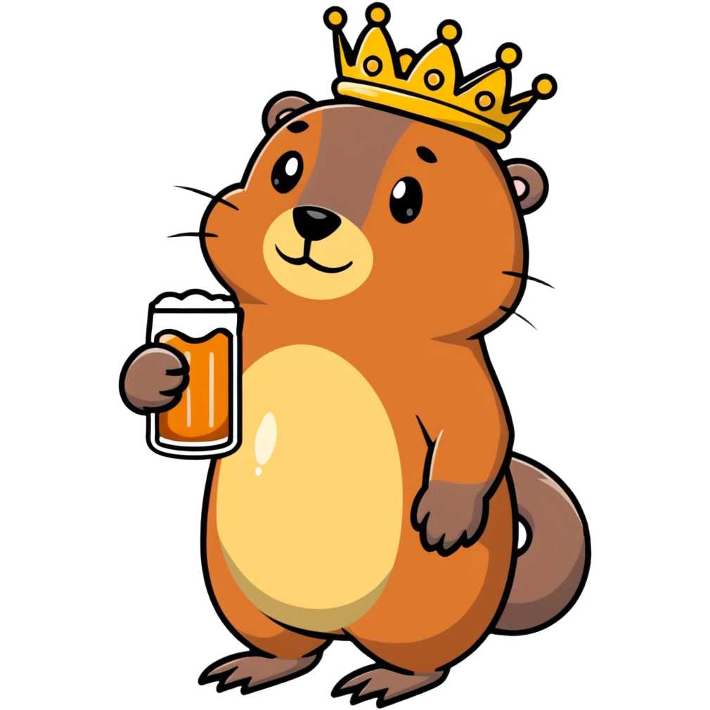 beaver with a crown on head holding a glass of beer emoji