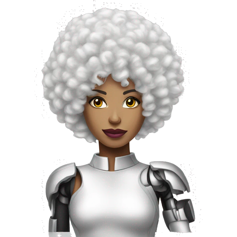 Can you make me an emoji that looks like a cyborg ruPaul with a white afro? I need it to look like a robot/ human combo emoji