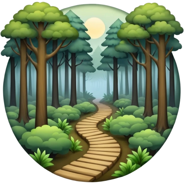 a forest with a path directing into foggy dark place emoji