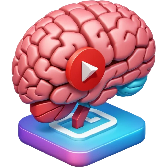 3D icon design, brain with YouTube play button symbol integrated into brain structure, glassmorphism style, soft shadows, gradient colors, modern app icon aesthetic, isometric view emoji