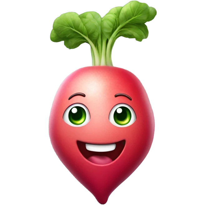 3d Smiling radish with big expressive eyes, rosy cheeks, and green leaves on top. Bright and cheerful cartoon style. emoji