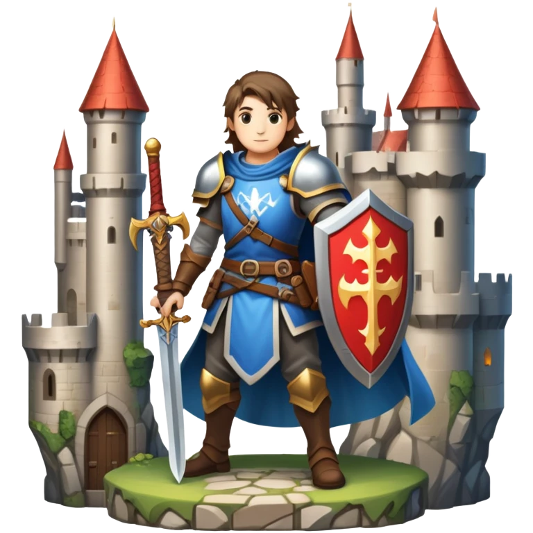 An icon symbolizing a RPG game, featuring a character holding a sword and shield, standing in front of a fantasy world with castles, dungeons and mythical creatures. The design emphasizes exploration, quests with elements like health bars and inventory icons. Transparent background emoji