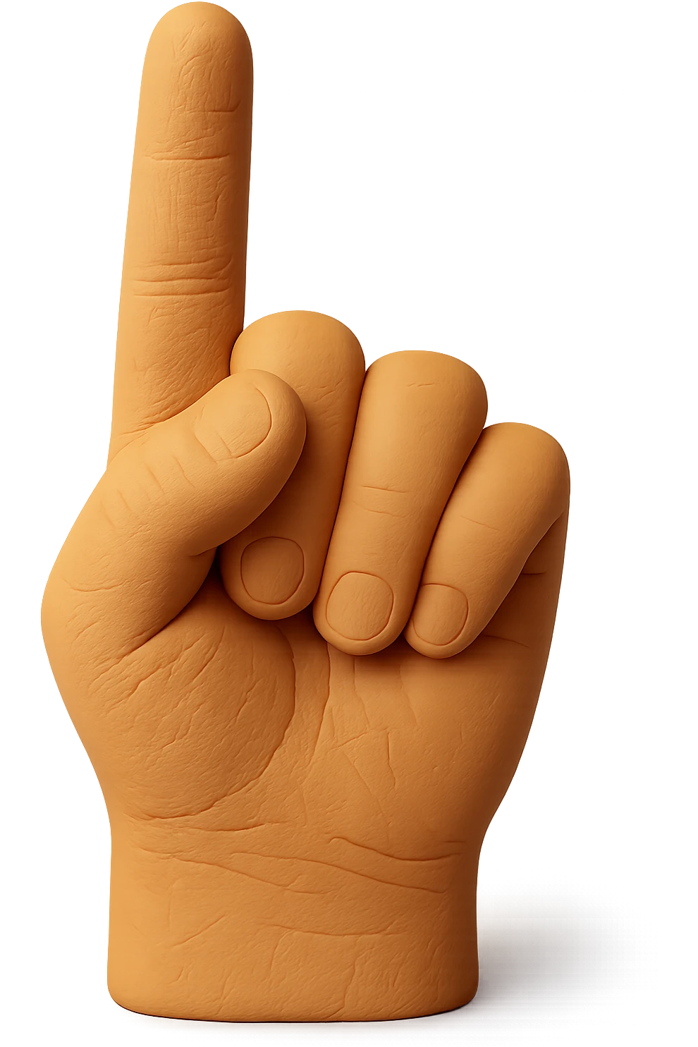 Change the hand to a tan skin tone, keeping the soft, retro plastic, hyper-realistic, toy-like look. The hand should be cut off cleanly below the wrist, viewed from the back, standing vertical with the pointer finger extended. No background. emoji