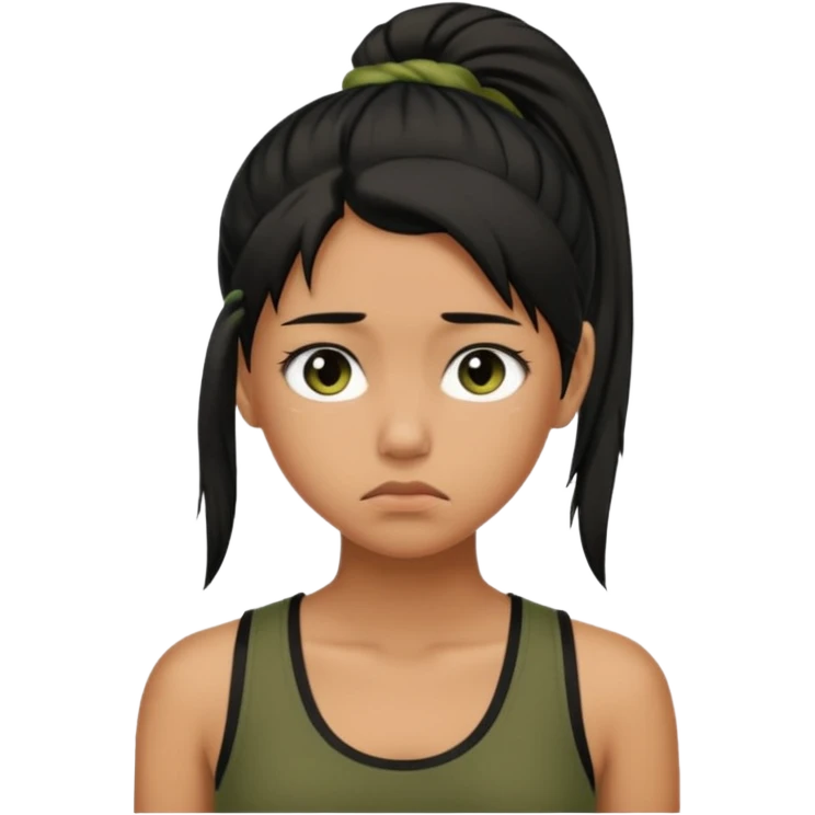 a tan girl with a black ponytail, black tank top, . Looking sad emoji
