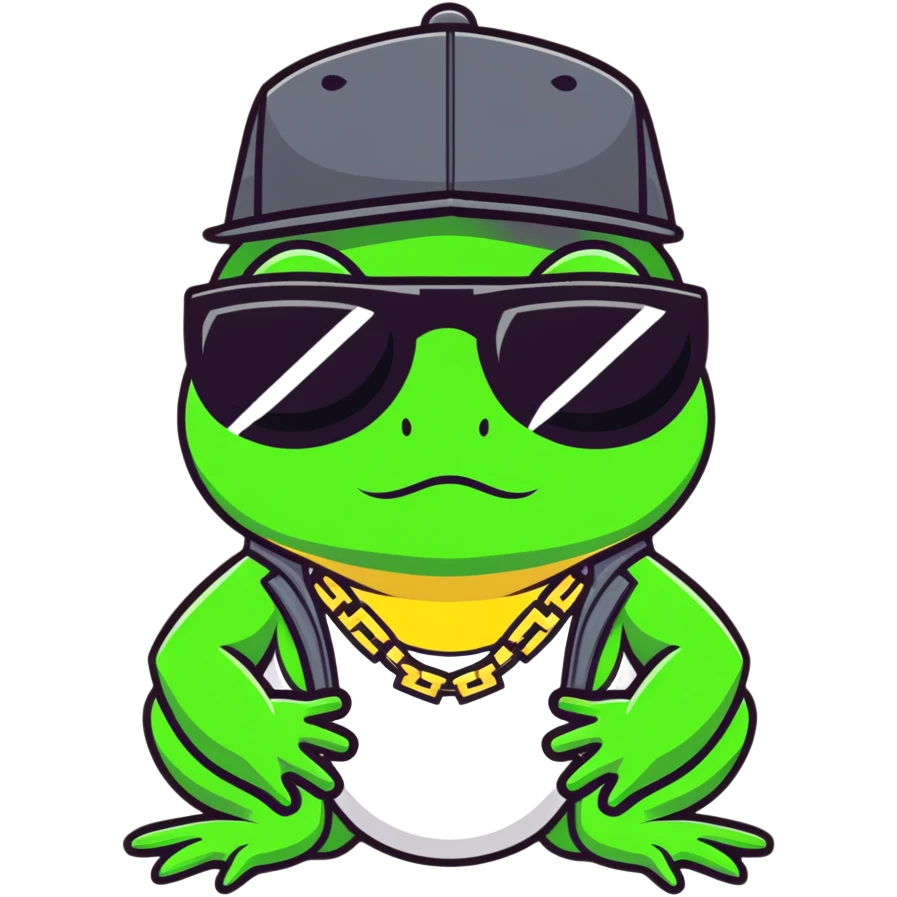 thug life frog with pixelated black sunglasses, gold chain, snapback hat, tough gangster pose emoji