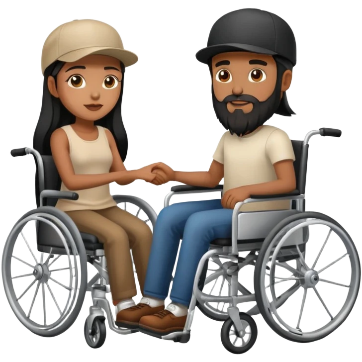 Beige skin man with a beard and cap in a wheelchair and a brown skin woman with long black hair in a wheelchair  emoji