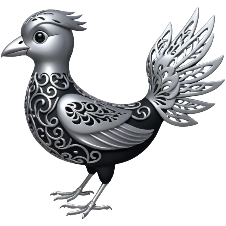 Black and silver filigree bird, 3D, extremely detailed design emoji