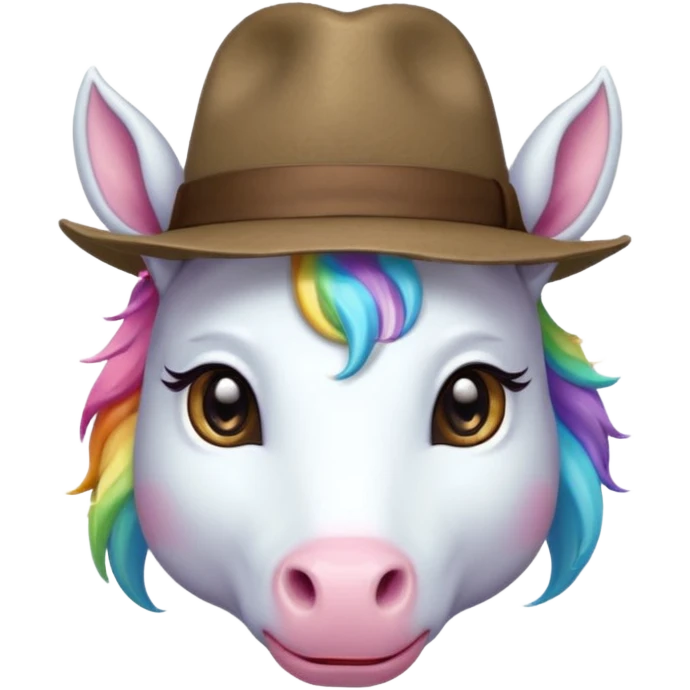 unicorn face cute wearing fedora, horn piercing through the hat looking in the camer emoji