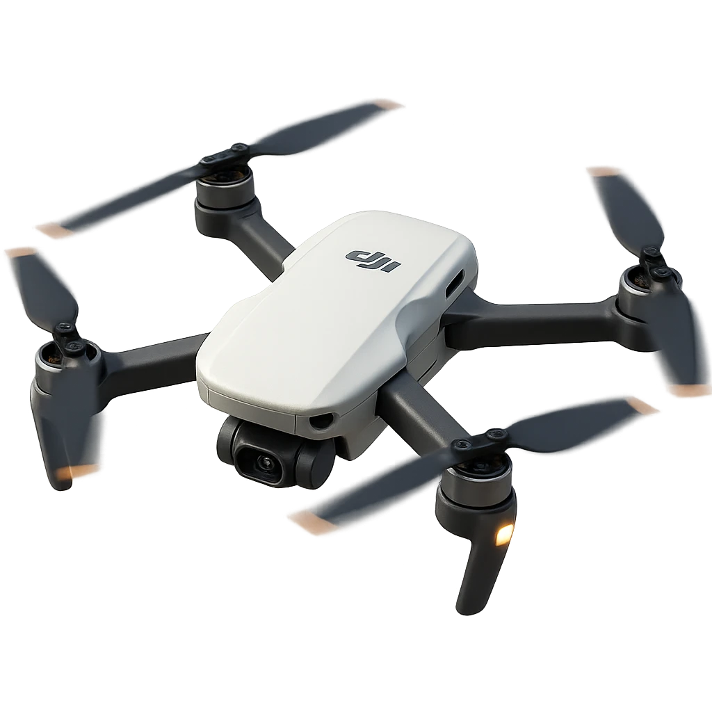 Redesign the cricket ball to be white and transform it to look like a realistic DJI drone with DJI-style propellors and body, depicted flying. Remove the background completely, isolating the drone design. emoji