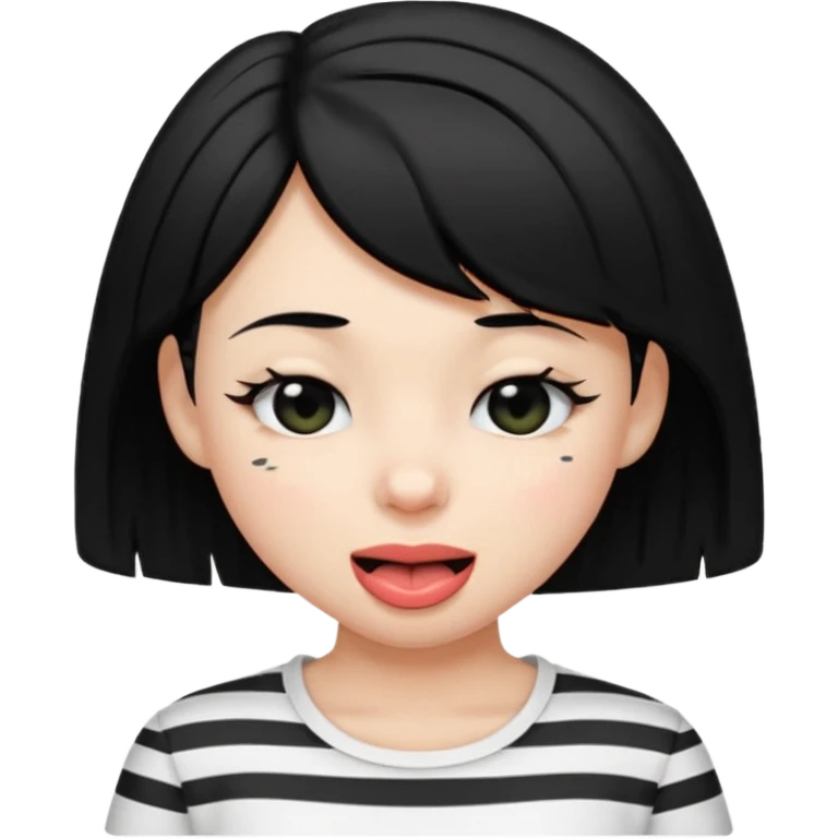 Black-haired girl, short to the neck, wearing white shirt with black stripes, With his head sideways, winking one eye, and sticking out his tongue  emoji
