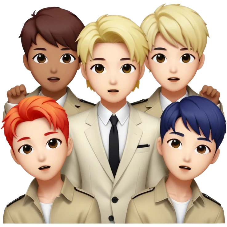 Cinematic Realistic BTS Portrait Emoji, depicted as a dynamic energetic portrayal of the global K-pop group with stylish modern attire and vibrant expressions, rendered with rich textures and bold contemporary lighting that captures their youthful charisma. emoji